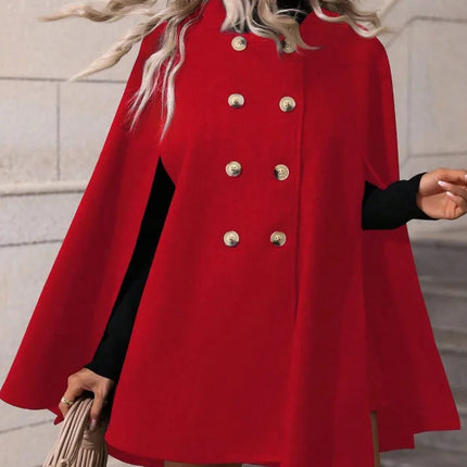 Ladies Mid Length Cape Coat Round Neck Double Breasted Metal Buttons Sleeveless Loose Cloak Outer Jacket For Party