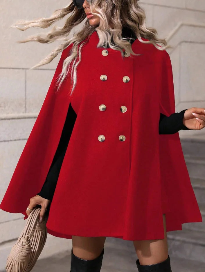 Ladies Mid Length Cape Coat Round Neck Double Breasted Metal Buttons Sleeveless Loose Cloak Outer Jacket For Party