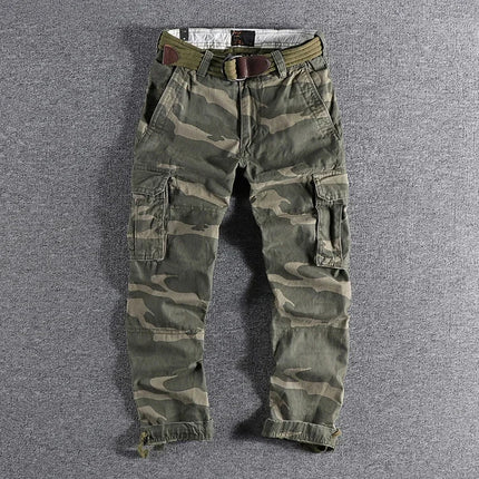 Heavyweight Camouflage Pants Men Clothing Multi-pockets Solid Color Patchworked Outdoor Trousers Retro Cargo Casual Wear Jogger