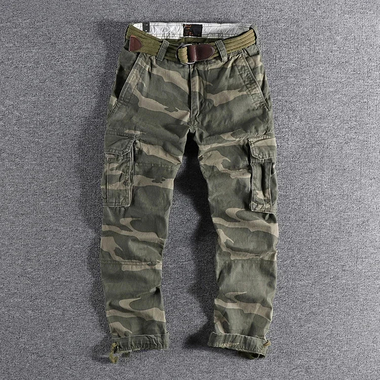 Heavyweight Camouflage Pants Men Clothing Multi-pockets Solid Color Patchworked Outdoor Trousers Retro Cargo Casual Wear Jogger