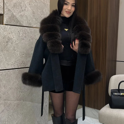 Women Wool Blend Coat Big Faux Fur Collar And Cuffs Belted Waist Wrap Loose Winter Jacket Thick Warm Elegant Lady Outerwears