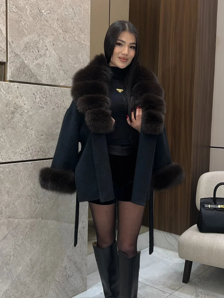 Women Wool Blend Coat Big Faux Fur Collar And Cuffs Belted Waist Wrap Loose Winter Jacket Thick Warm Elegant Lady Outerwears