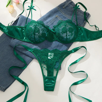 Lady Floral Embroidery Lingerie Set Women Sheer Bra and Brief Underwear Set Satin Sexy Intimates Underwear