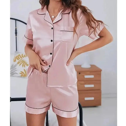 Pigiama da donna in raso di seta estivo Set Top e pantaloncini abbottonati 2 pezzi indumenti da notte colletto dentellato indumenti da notte Loungewear per le donne platinumshop