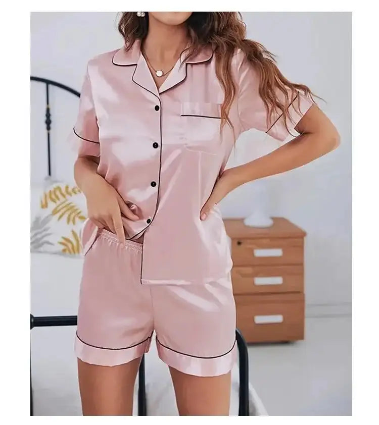 Pigiama da donna in raso di seta estivo Set Top e pantaloncini abbottonati 2 pezzi indumenti da notte colletto dentellato indumenti da notte Loungewear per le donne platinumshop