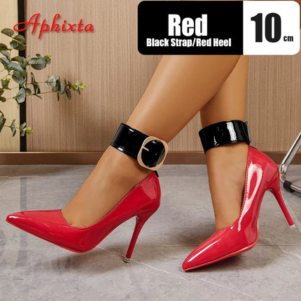 Aphixta 4 cm cinturino pompe fibbia della cintura 3.94 pollici/10 cm tacchi a spillo pompe scarpe da festa da donna rosso nero punta a punta taglia 51 52 53