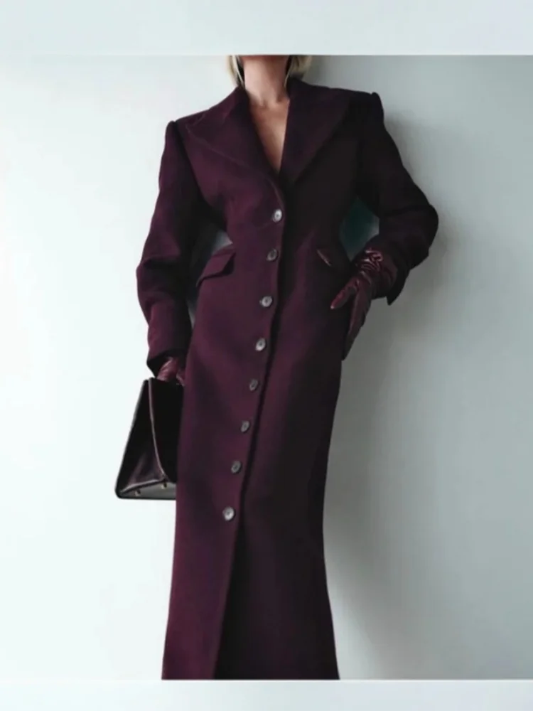 Women's Long Coat Slim V Neck Single Breasted Overcoats Shoulder Pad Maxi Jackets with Belt 2025 New Winter Lady Commute Outwear