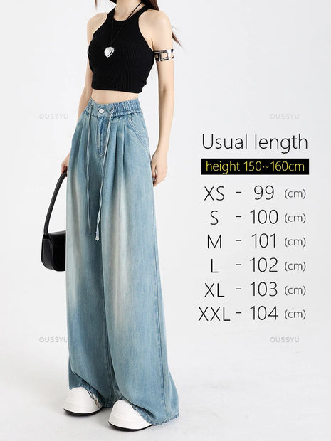 Summer Luxury Soft Cozy 100% Lyocell Fabric Women Loose Wide Leg Jeans Elastic Waist Casual Fashion Plus Length Pants