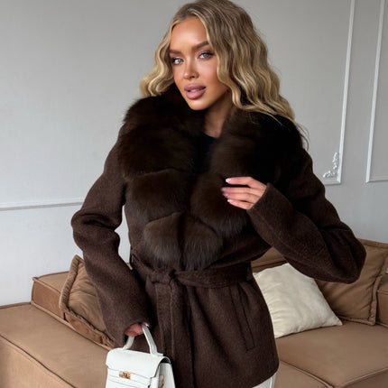 Brown Faux Fur Collar Wool Blend Belted Coats Elegant Wrap V Neck Long Sleeve Lace Up Jackets 2026 Lady Winter Autumn Outwear