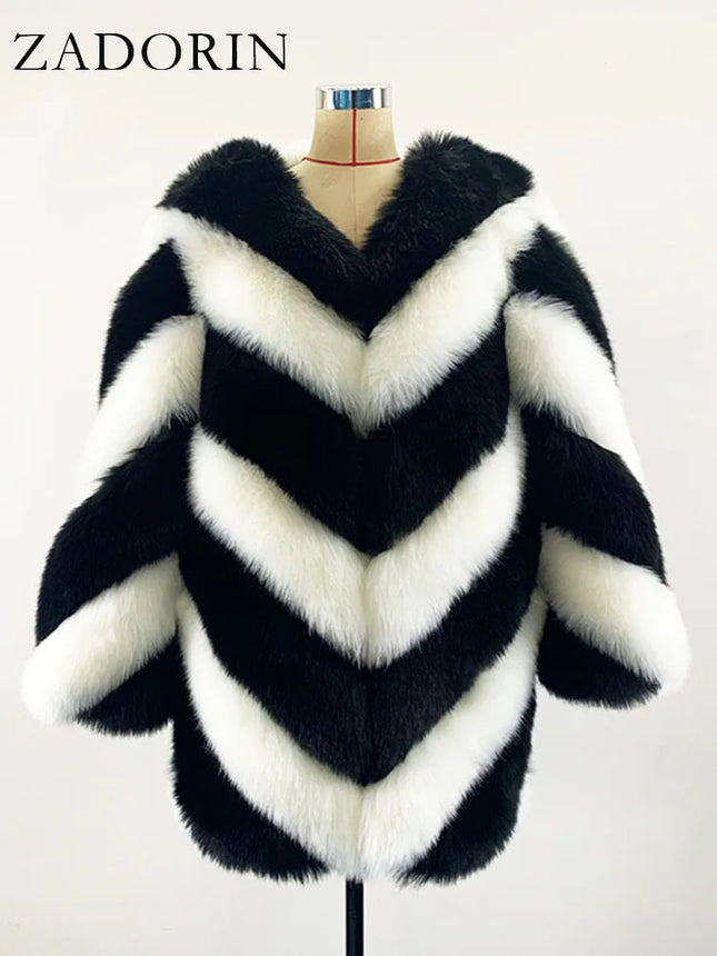ZADORIN Korean Fashion Winter Faux Fox Fur Coat Women Luxury Color Contrast Long Thick Warm Fluffy Jacket Fake Fur Coats Jackets