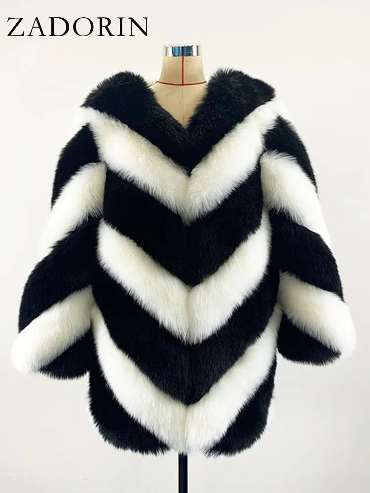 ZADORIN Korean Fashion Winter Faux Fox Fur Coat Women Luxury Color Contrast Long Thick Warm Fluffy Jacket Fake Fur Coats Jackets