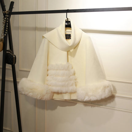 French Elegant Fashion Socialite Fur Patchwork Short Cape Coats for Women Autumn Loose Versatile Wool Cloak Jackets with Scarf