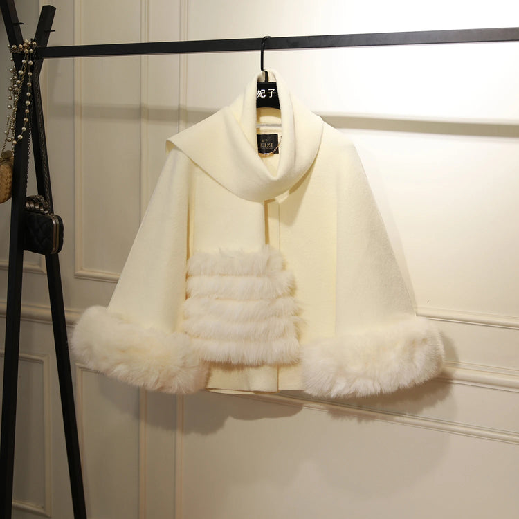 French Elegant Fashion Socialite Fur Patchwork Short Cape Coats for Women Autumn Loose Versatile Wool Cloak Jackets with Scarf
