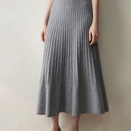 New Arrivals Women Cashmere A-line Skirt Elastic Waist Pleated Skirt 100% Cashmere Knitted Autumn Winter Thin Office Lady Dress PlatiNum