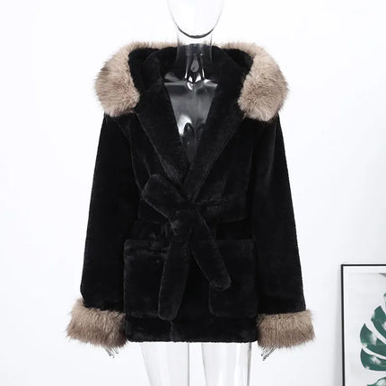 Casual Patchwork Faux Fur Collar Women's Coat Lace Up Pockets Thicken Lady Coats 2026 Autumn Winter Female Street Outerwear