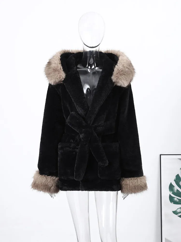 Casual Patchwork Faux Fur Collar Women's Coat Lace Up Pockets Thicken Lady Coats 2026 Autumn Winter Female Street Outerwear