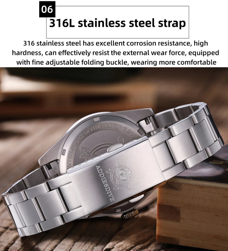 ADDIESDIVE Top Brand Automatic Watch For Men Sapphire Glass Unique Bark Texture Waterproof Luminous Mechanical Watch New AD2075