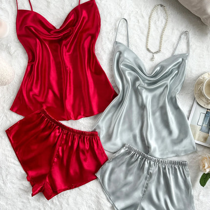 Set pigiama in raso solido Sexy da donna estivo Top e pantaloncini set di quattro pezzi morbido e confortevole