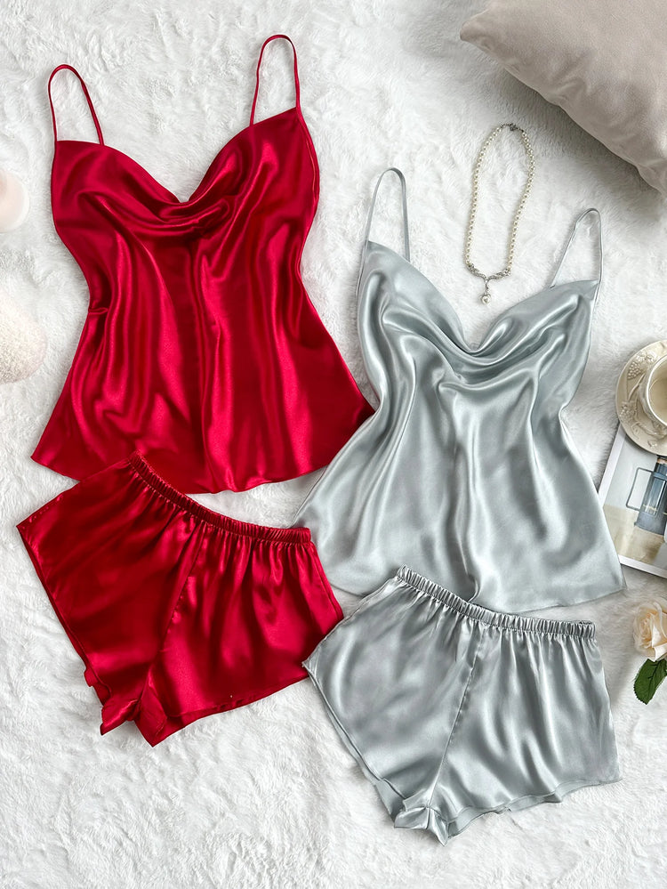 Set pigiama in raso solido Sexy da donna estivo Top e pantaloncini set di quattro pezzi morbido e confortevole