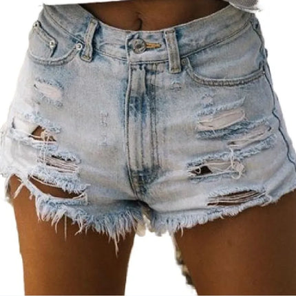 Pantaloni in Denim a vita alta con foro lavato strappato da donna estivi pantaloni corti Bermuda pantaloni Casual con nappe attillati a cinque punti