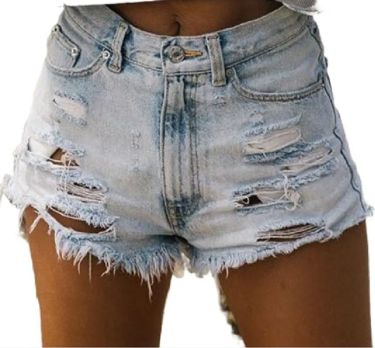 Pantaloni in Denim a vita alta con foro lavato strappato da donna estivi pantaloni corti Bermuda pantaloni Casual con nappe attillati a cinque punti