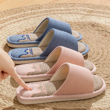 Pantofole in lino per la casa per coppie quattro stagioni Pantofole antiscivolo da pavimento per donna Uomo Camera da letto interna Infradito a punta aperta in lino quattro stagioni