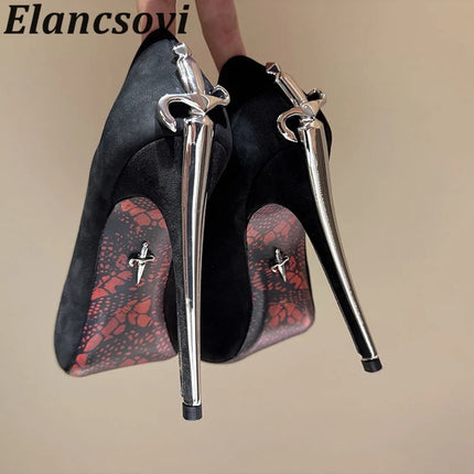 Vendita calda Scarpe da banchetto Décolleté da donna Scarpe eleganti con tacco alto in metallo Scarpe da ballo in pelle nera Scarpe da festa sexy autunnali per donna platinumshop