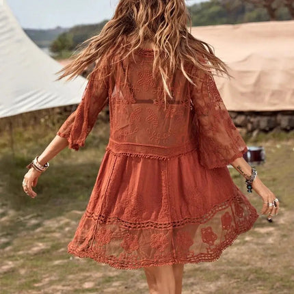 Abito Estivo da Spiaggia con Scollo a V, Protezione Solare, Casual, Copricostume in Pizzo per Donna platinumshop