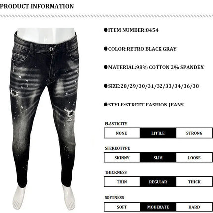 Street Designer Fashion Men Jeans High Quality Retro Black Gray Stretch Slim Fit Ripped Jeans Men Brand Vintage Y2K Denim Pants PlatiNum