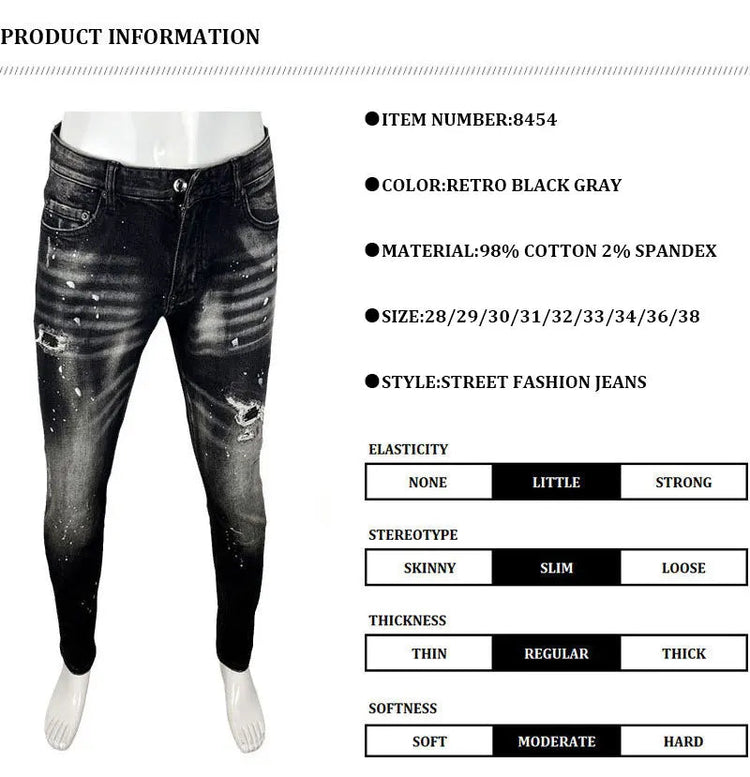 Street Designer Fashion Men Jeans High Quality Retro Black Gray Stretch Slim Fit Ripped Jeans Men Brand Vintage Y2K Denim Pants PlatiNum