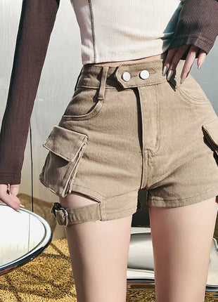 Pantaloncini cargo a vita alta Pantaloncini jeans con tasche chic kaki Abiti estivi per ragazza sexy per donna