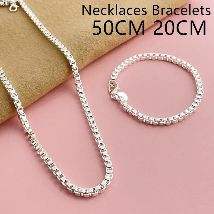 Andara Set di collana e bracciale a catena quadrata in argento sterling 925 da 4 mm per gioielli da festa per uomini e donne platinumshop