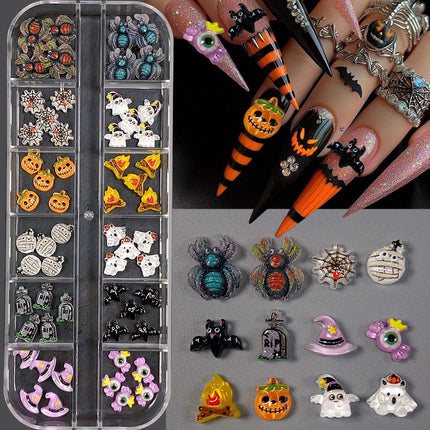 12Grid 3D Halloween Punk Retro Alloy Cross Nail Charms Y2k Gothic Metal Gun Black Silver Skull,Cross Nail Art DIY Cool Nail Part
