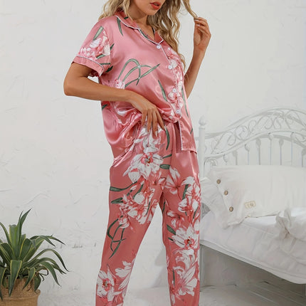 Set pigiama in raso con stampa floreale Top con risvolto a maniche corte liscio e confortevole e pantaloni lunghi accoglienti abbigliamento da casa e da notte da donna