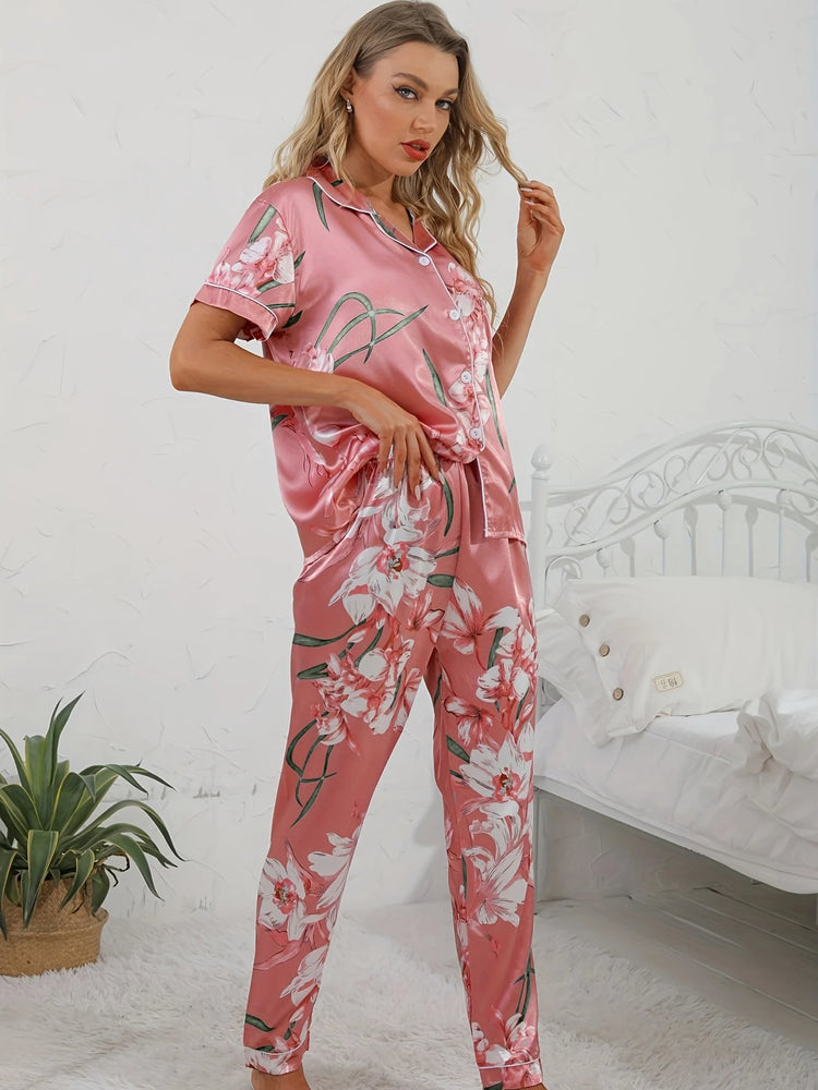 Set pigiama in raso con stampa floreale Top con risvolto a maniche corte liscio e confortevole e pantaloni lunghi accoglienti abbigliamento da casa e da notte da donna