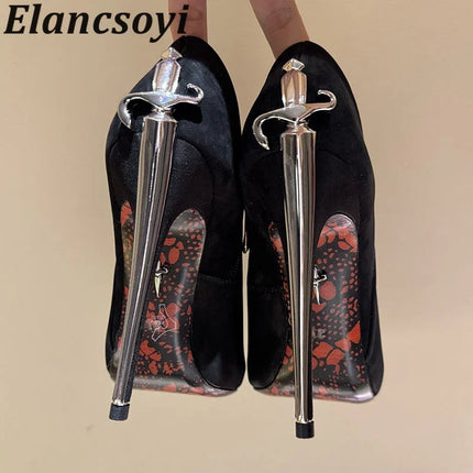 Vendita calda Scarpe da banchetto Décolleté da donna Scarpe eleganti con tacco alto in metallo Scarpe da ballo in pelle nera Scarpe da festa sexy autunnali per donna platinumshop