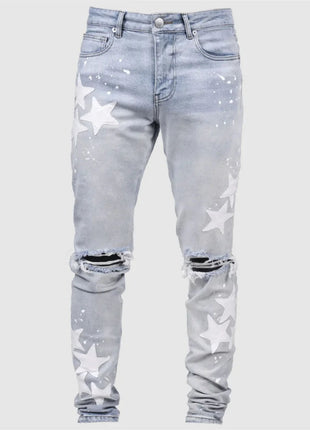 Vintage Star Print Stretch Punk Style Ripped Jeans Men's Streetwear Fashion Pocket Male Youth Daily Casual Denim Pencil Pants PlatiNum