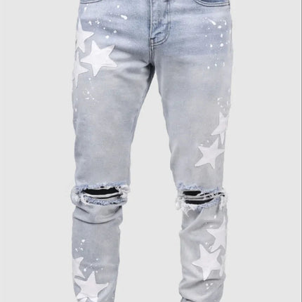 Vintage Star Print Stretch Punk Style Ripped Jeans Men's Streetwear Fashion Pocket Male Youth Daily Casual Denim Pencil Pants PlatiNum