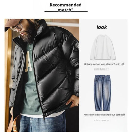 Maden Men's 90% White Duck Down Jacket Black Stand Collar Short Quilted Puffer Jacket Thermal Coat for Winter Streetwear