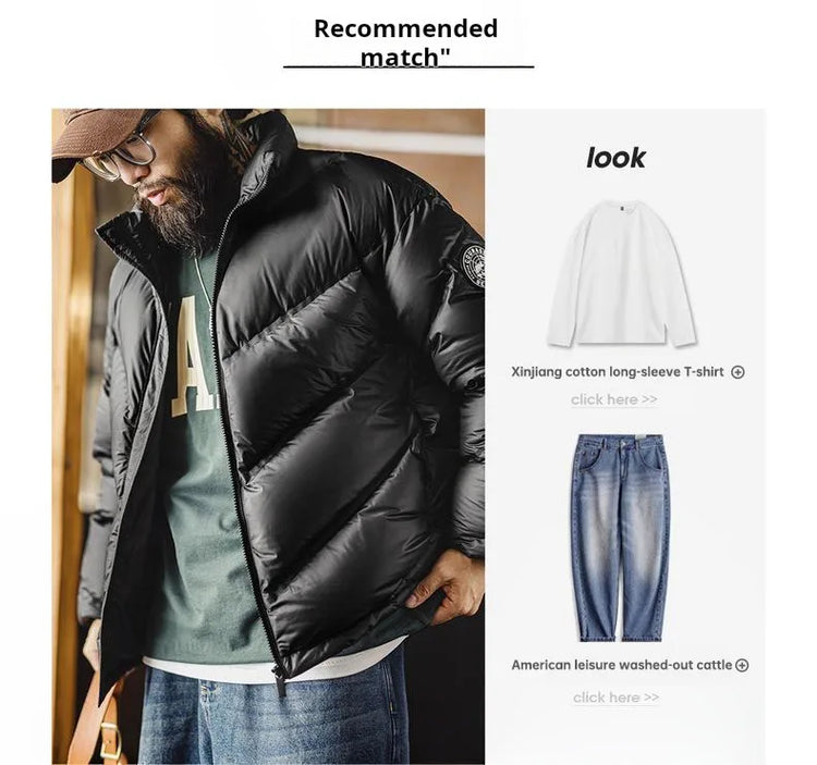 Maden Men's 90% White Duck Down Jacket Black Stand Collar Short Quilted Puffer Jacket Thermal Coat for Winter Streetwear