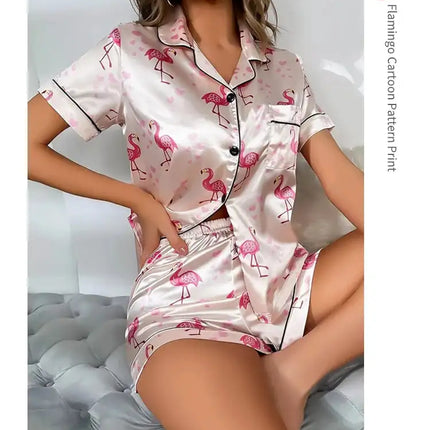 Pigiama da donna Pj Set Pigiama in raso con stampa a cuore Casual Manica corta Colletto con risvolto Top e pantaloni Indumenti da notte e pigiama per adulti platinumshop