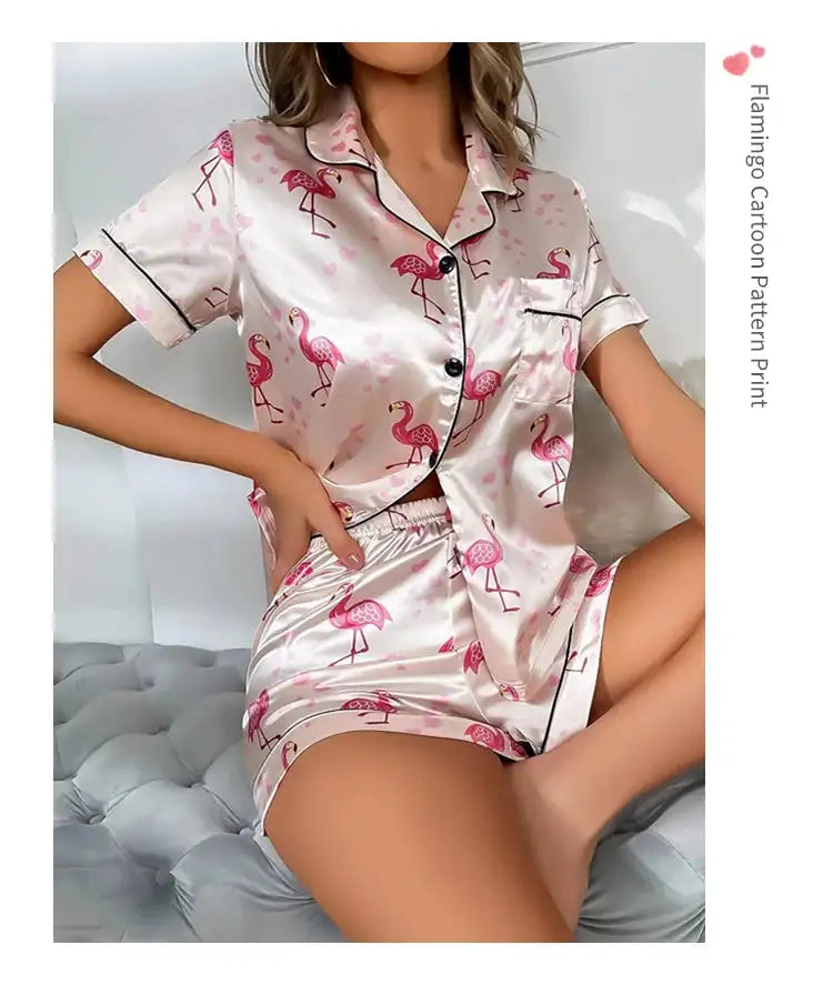Pigiama da donna Pj Set Pigiama in raso con stampa a cuore Casual Manica corta Colletto con risvolto Top e pantaloni Indumenti da notte e pigiama per adulti platinumshop