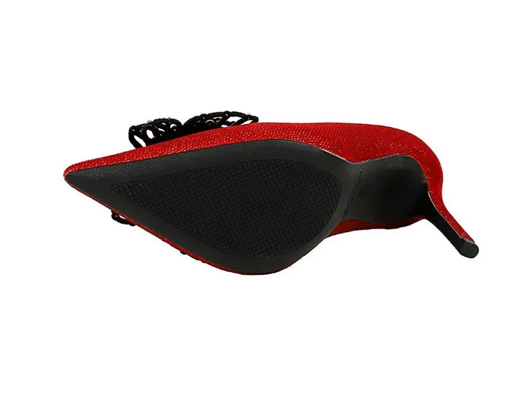 NUOVE Décolleté da donna con strass Tacchi alti a farfalla 10 CM Tacchi a spillo da donna in pelle scamosciata Scarpe da banchetto di lusso Scarpe da sposa di moda