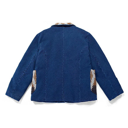 Men's Indigo Multi Pockets Jacket French Retro Blue Dye Lapel Thick Workwear Tooling Cardigan Coat plus Size for Autumn Winter