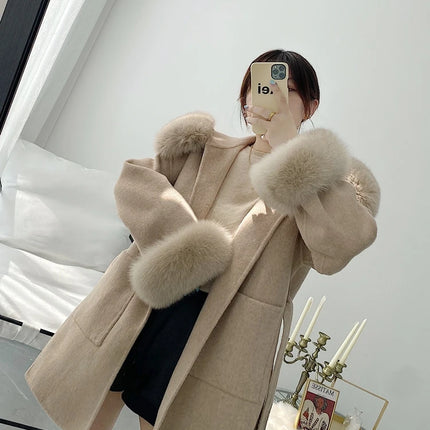 2024 New Oversize Ladies Outerwear Real Fur Coat Winter Jacket Women Natural Fox Fur Collar Cuffs Hood Cashmere Wool Woolen