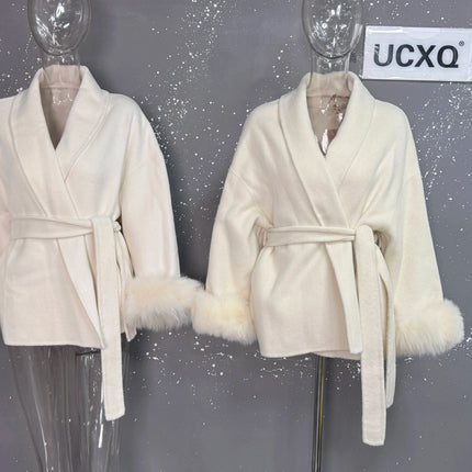 UCXQ Elegant OL Office Lady Overcoats Fur Patchwork Long Sleeve Woolen Coat Beautiful Women's Clothing Jacket Autumn 2025 Winter