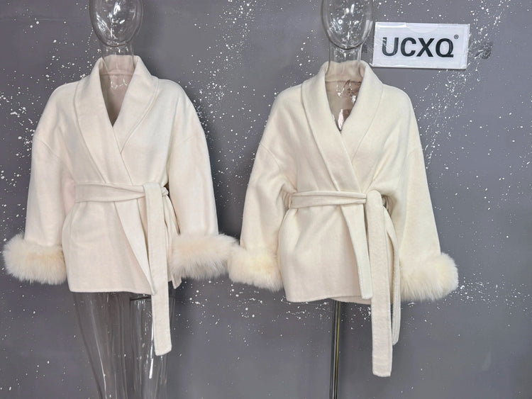 UCXQ Elegant OL Office Lady Overcoats Fur Patchwork Long Sleeve Woolen Coat Beautiful Women's Clothing Jacket Autumn 2025 Winter