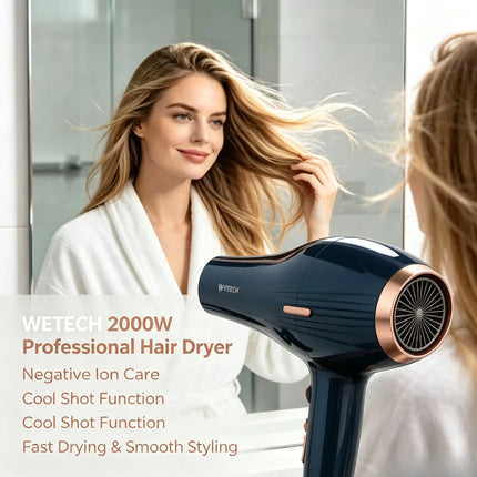 WETECH 2000W Professional Hair Dryer Negative Ion Blow Dryer Cool Shot Function With Concentrator Nozzle Diffuser Salon Home Travel Hair Styling Tool Adjustable Heat Speed 100-240V Universal Voltage