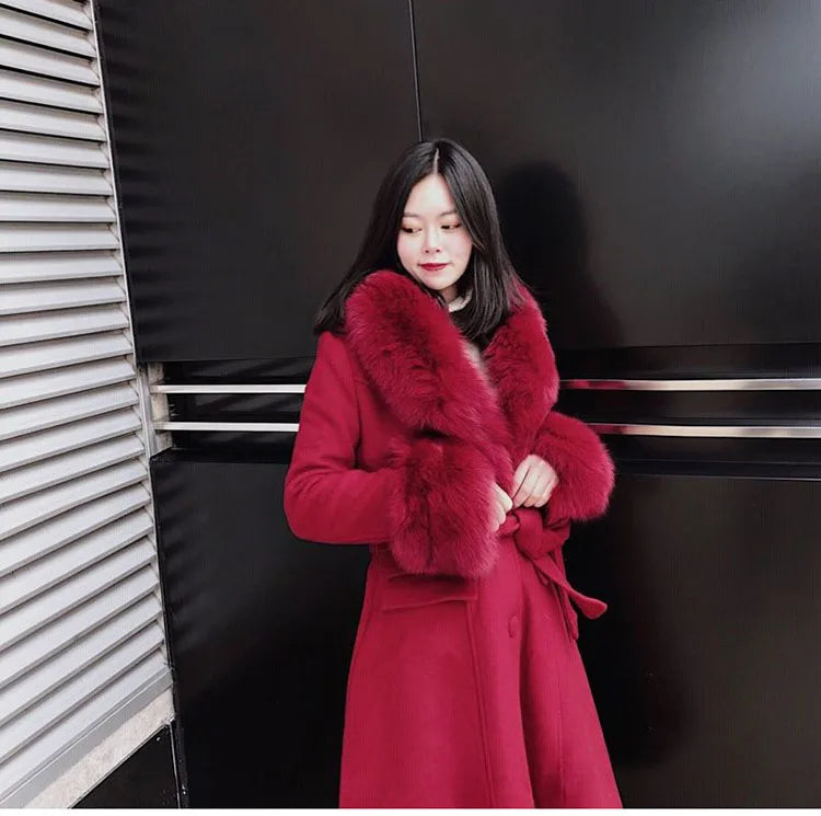 Women Fashion Long Luxury Overcoat Female Winter Coats Fur Collar Warm Elegant Thicken Solid Colo Woolen Jackets Abrigos Mujer