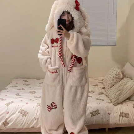 Rompers Onesies Anime Pajamas Y2K Kawaii Bow Rabbit Hooded Sleepwear Women Winter Thick Warm Fleece Sweet Cute Home Outfit Women